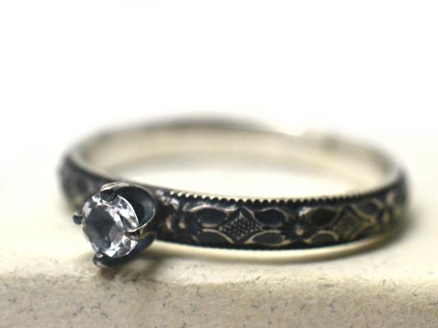 Gothic White Topaz Ring, Diamond Substitute, Oxidized Silver Victorian Style Poesy Floral Band, Natural White Crystal Engagement Ring