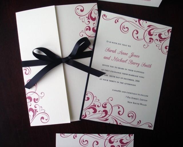Black Tie Formal Wedding Invitation, Cream Fuchsia Flourish Gatefold Elegant wedding Invitations, Romantic, Ribbon bow bat mitzvah invite