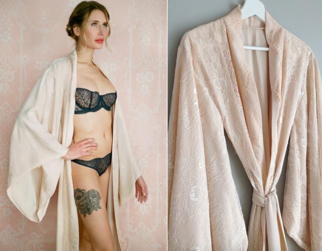 Fountainbleu. Full length lined &quot;Noguchi&quot; lace robe Long nude blush bridal lingerie robe lined with the softest faux silk crepe de chine