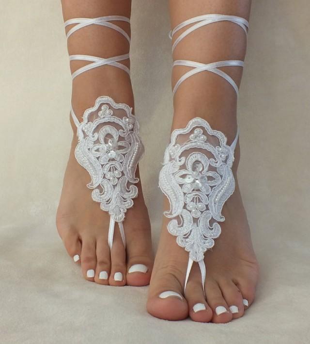 wedding photo - white lace barefoot sandals, FREE SHIP, beach wedding barefoot sandals, belly dance, lace shoes, bridesmaid gift, beach shoes