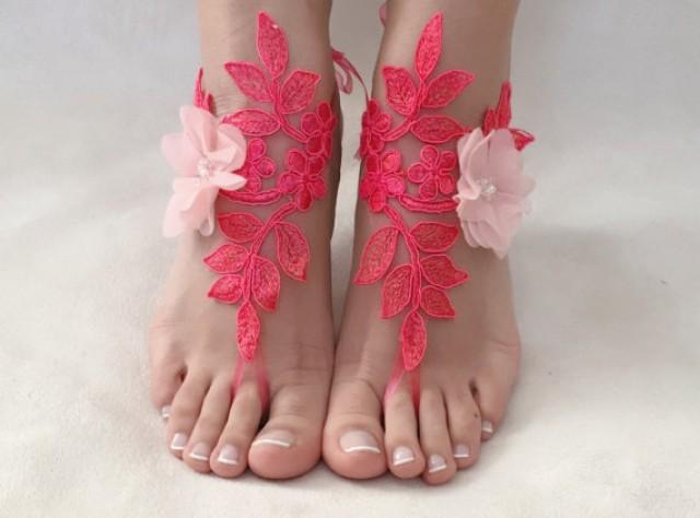 wedding photo - Pink coral lace barefoot sandals, FREE SHIP, beach wedding barefoot sandals, belly dance, lace shoes, bridesmaid gift, beach shoes