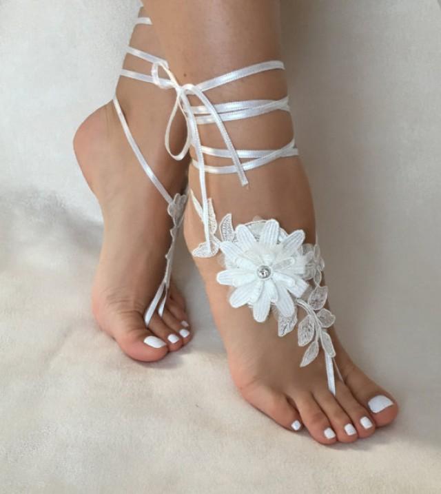 wedding photo - Ivory 3D floral lace barefoot sandals, FREE SHIP, beach wedding barefoot sandals, belly dance, lace shoes, bridesmaid gift, beach shoes