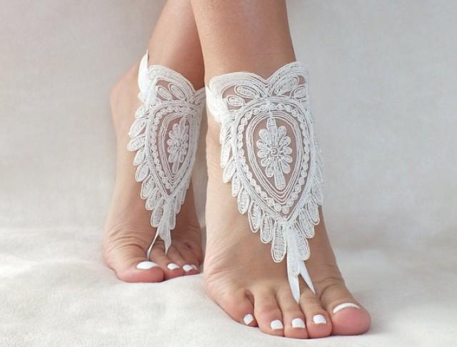 wedding photo - ivory lace barefoot sandals, FREE SHIP, beach wedding barefoot sandals, belly dance, lace shoes, bridesmaid gift, beach shoes