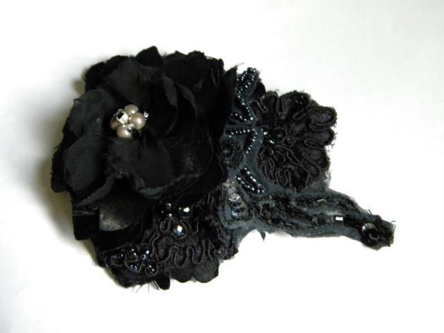 Gothic Bridal Hair Fascinator,  made to order, Dark Gray Beaded Headpiece, Black Satin Foral Head Piece, Wedding Accessory