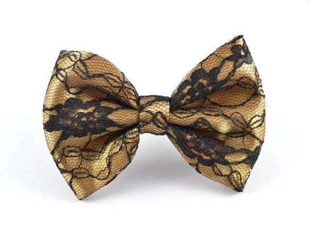 Gold Hair Bow, Lace Hair Bow, Stocking Stuffer, Lace Bow, Gold and Black Bow, Prom Hair Bow, Gold Hair Clip, Gothic Hair Bow, Christmas Gift
