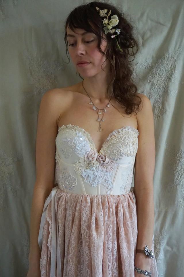 NEW! Pearl Wedding or Formal Gown... bustier women prom whimsical boho woodland bohemian romantic blush fantasy fairy tale eco friendly