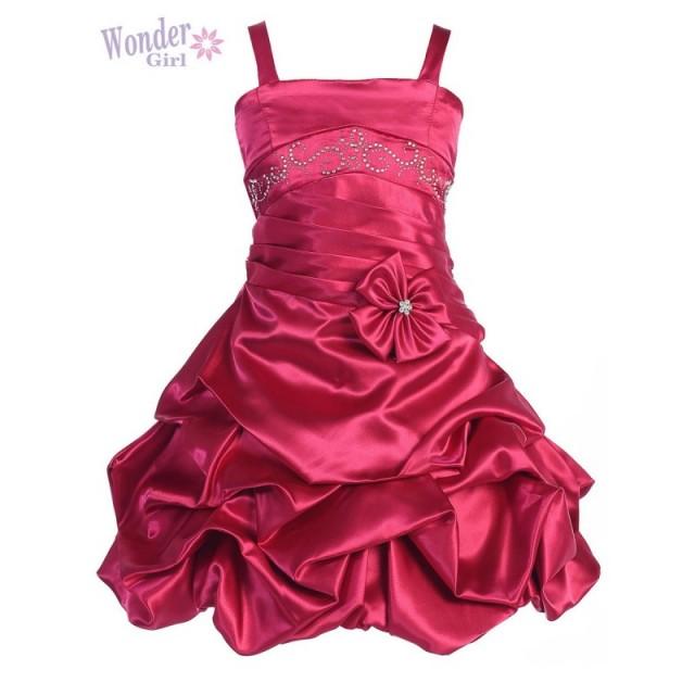 Fuchsia Satin Gathered Dress w/ Rhinestones & Pleated Waistline Style: D2113 - Charming Wedding Party Dresses