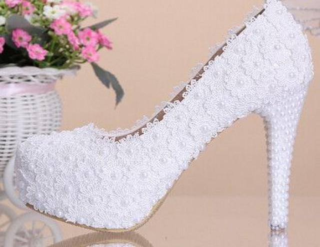 Women Fashion White Flowers Lace Platform High Heels Pearls Wedding Shoes