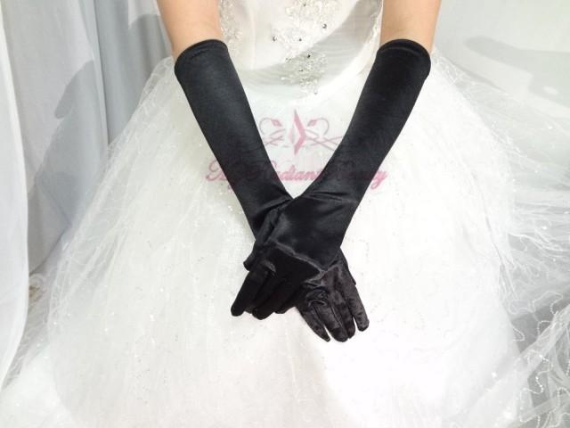 Bridal Black Gloves, Bridal Gloves, Black Satin Long Full Finger Bridal Gloves, Wedding Gloves, Wedding Accessory BG0016B