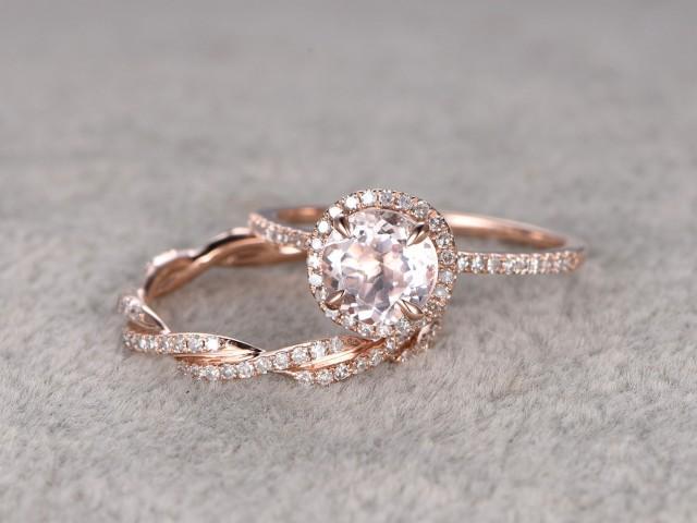 2 Morganite Bridal Ring Set,Engagement ring Rose gold,Twist Curved Diamond wedding band,14k,7mm Round Gemstone Promise Ring,Matching band
