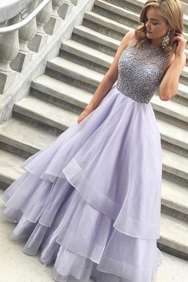 wedding photo - A-line Jewel Floor Length Tiered Lavender Prom Dress with Beading