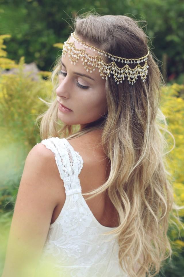 Bridal headpiece, Bohemian head chain, forehead Indian headchain, boho wedding, boho headpiece, gold hair accessories, wedding jewelry