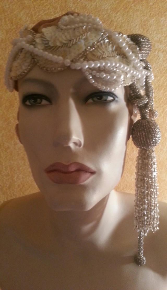 Vintage Inspired Ivory Silver Beaded Applique Sequin Pearl Waterfall Fringe Headpiece Headband Tiara Gatsby Victorian Costume Bridal Wedding
