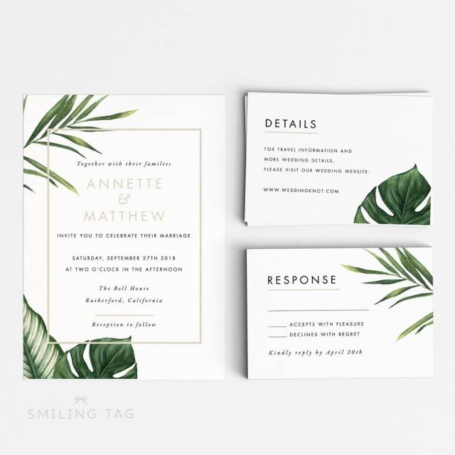 Printable Wedding Invitation Printable Set - Modern Tropical Foliage Wedding Invites- Ready to Print PDF- Letter A4 Size (Item code: P347)
