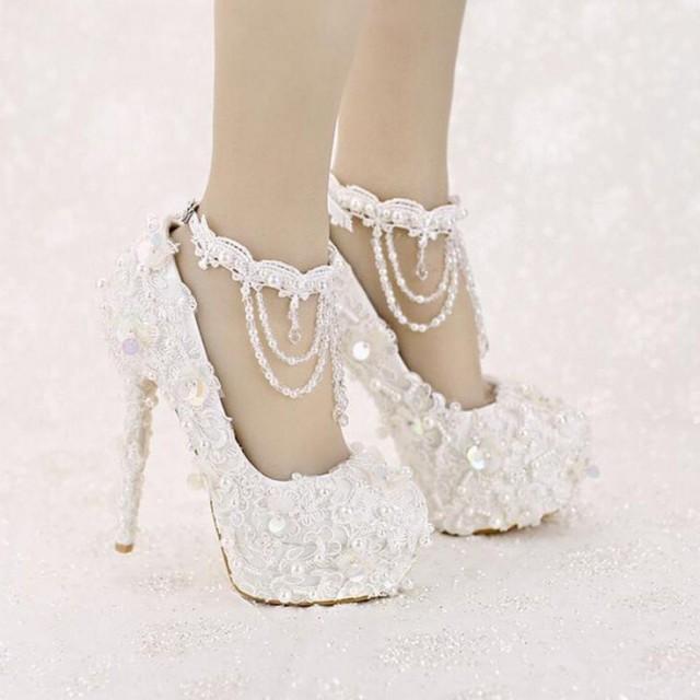 White Platform Bridal Shoes, Sequined Lace Bridal Shoes, High Heel Platform Wedding Shoes