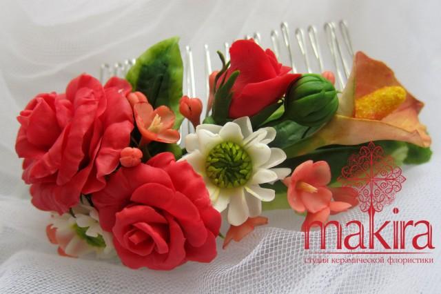 Bridal flower comb - red roses. Autumn blossom hair comb - Wedding flower comb - Flower comb. Bridal comb. Flower hair accessory 