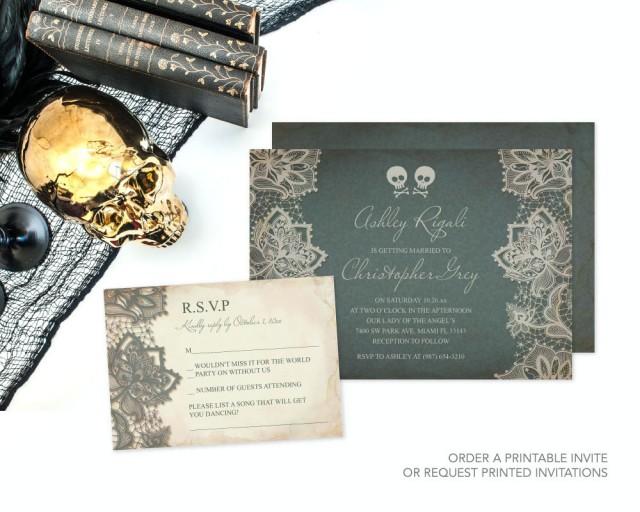 Custom Skull and Cross Bones Halloween Wedding Invitation, Rock and Roll, Vintage, Unique Stationery, Alternative, Rocker, DIY Save The Date