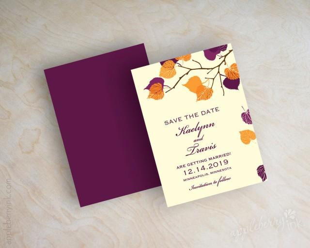 Orange and purple leaf save the dates, fall, autumn save the date magnet, branch save the date postcard, outdoor leaves, eggplant, Serena