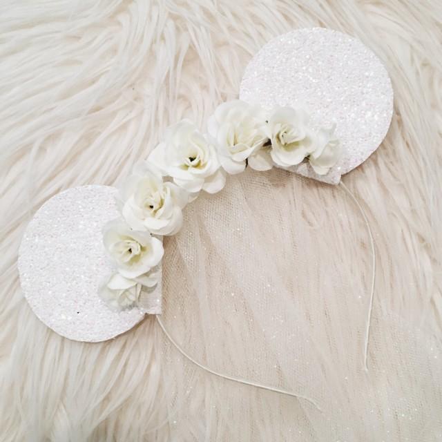 Bride Floral Glitter Minnie Mouse Ears with Tulle Veil // Disney Wedding Inspired Mouse Ears