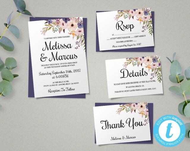 Lavender Floral Wedding Invitation Template Set + RSVP + Details + Thank You Card - Instant Access - Edit in Our Web App - Floral Design