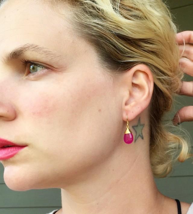 Dainty Elegant Fuchsia Pink Jade Gold Plated Wire Wrapped Dangle Gold Earrings