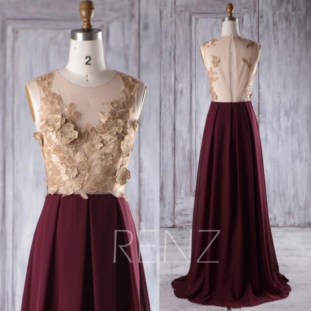 2016 Rose Gold Lace Bridesmaid Dress Long, Wine Chiffon Wedding Dress, Hollow Back Prom Dress, Sexy Evening Gown Floor Length (H358)