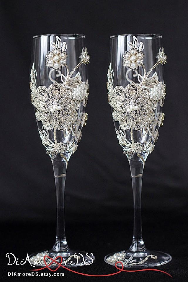 Wedding Glasses for Bride and Groom Toasting Flutes, Pearls Champagne Glasses, Vintage Champagne Flutes, Rhinestone 2pcs G4/11/12/16-0002