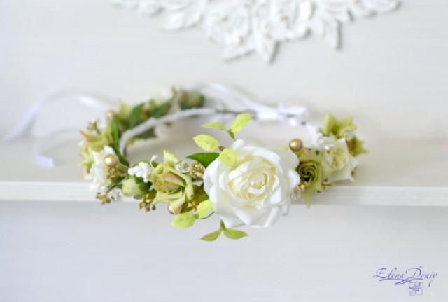 wedding photo - Bridal Floral crown White green flower wedding crown Bridal flower headband Roses crystal hair wreath Rustic wedding halo Boho Flower Girl