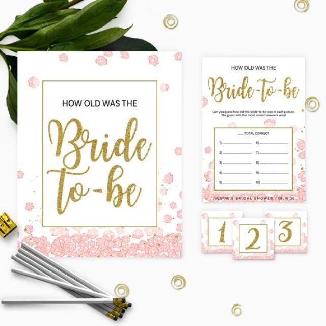 wedding photo - Pink and Gold How Old was the Bride-to-Be Bridal Shower Game-DIY Golden Glitter Floral Printable How Old Was the Bride Cards and Sign