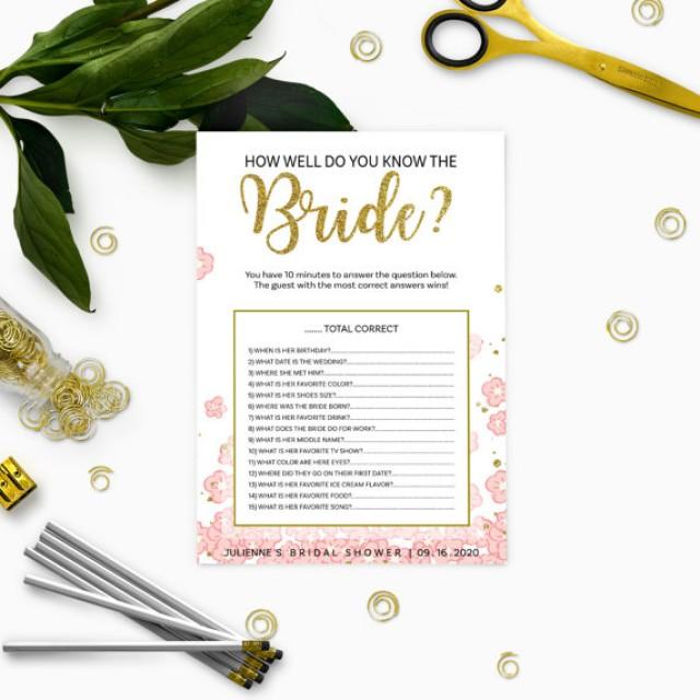 wedding photo - Pink and Gold How Well Do You Know the Bride Bridal Shower Game-Golden Glitter Floral DIY Printable Who Knows Bride Best Bridal Shower Game