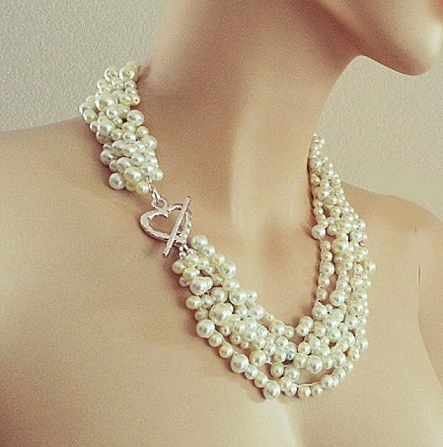 wedding photo - Pearl Statement Necklace, Chunky Bridal Necklace Pearl, Wedding Pearl Necklace with Blue, Pearl Jewelry, 20" Necklace, Silver Heart, DOREN