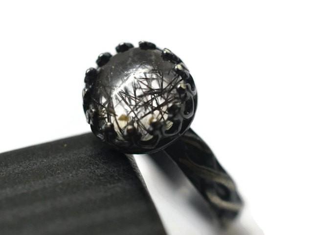 Black Rutile Quartz Ring, Tourmalinated Quartz, Oxidized Silver Celtic Style Ring, Custom Engraving, Gothic Gemstone, Needle Quartz Jewelry
