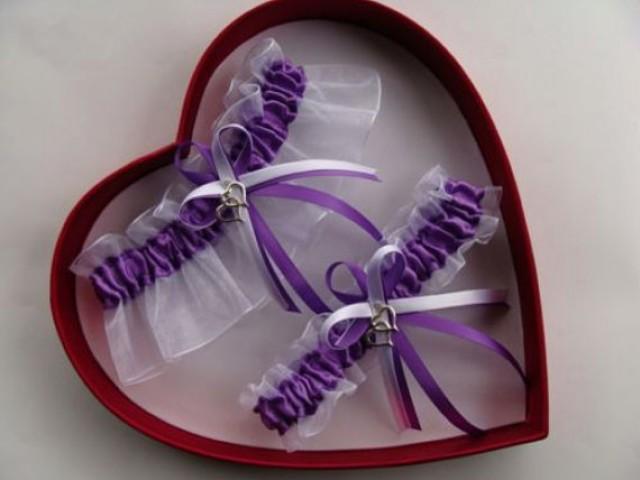 wedding photo - NEW Purple White Wedding Garter SELECT Single,Set,Reg,Plus Size, Variety of Charms Getthegoodstuff