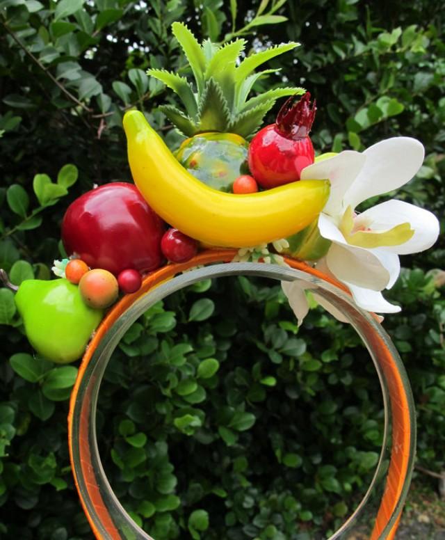 Tropical Fruits and  white Orchids Headband - Carmen Miranda style -