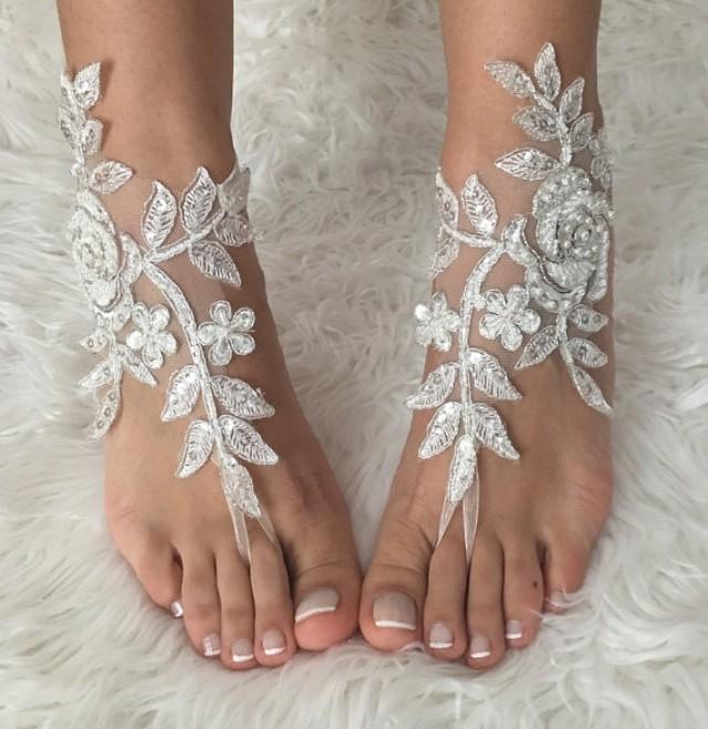 wedding photo - FREE SHIP, ivory Barefoot silver frame , french lace sandals, wedding anklet, Beach wedding barefoot sandals, embroidered sandals.