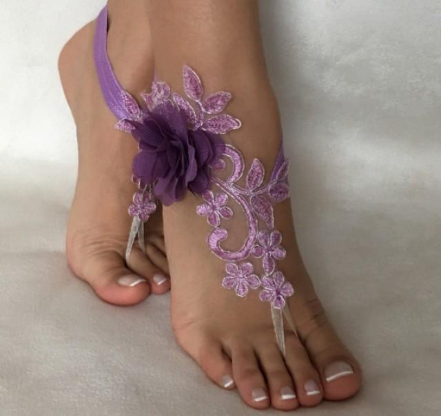 wedding photo - Purple lilac 3D flowers lace barefoot sandals, FREE SHIP, beach wedding barefoot sandals, belly dance, lace shoes, bridesmaid gift, lilac,