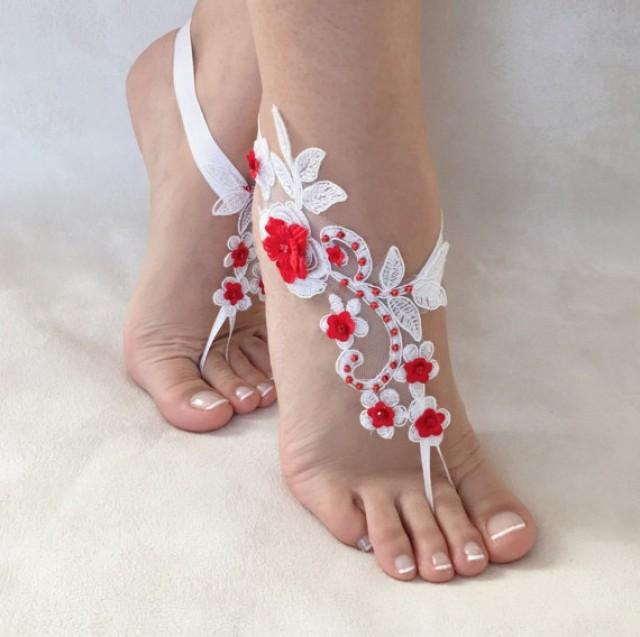 wedding photo - white red flowers lace barefoot sandals, FREE SHIP, beach wedding barefoot sandals, belly dance, lace shoes, bridesmaid gift, beach shoes