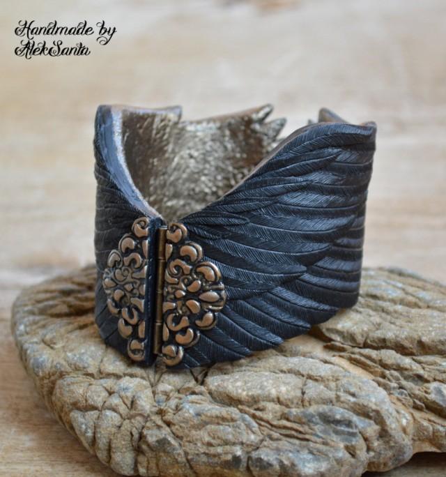 Raven wing bracelet Black feather cuff Gothic jewelry Polymer clay jewelry for women Statement bracelet Unique bracelet Gift for her .hba