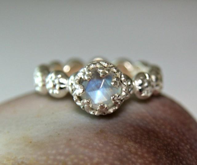 Sterling Silver Moonstone Ring, Faceted Gemstone, Blue Flash, Engagement Ring, Floral Band, custom sized