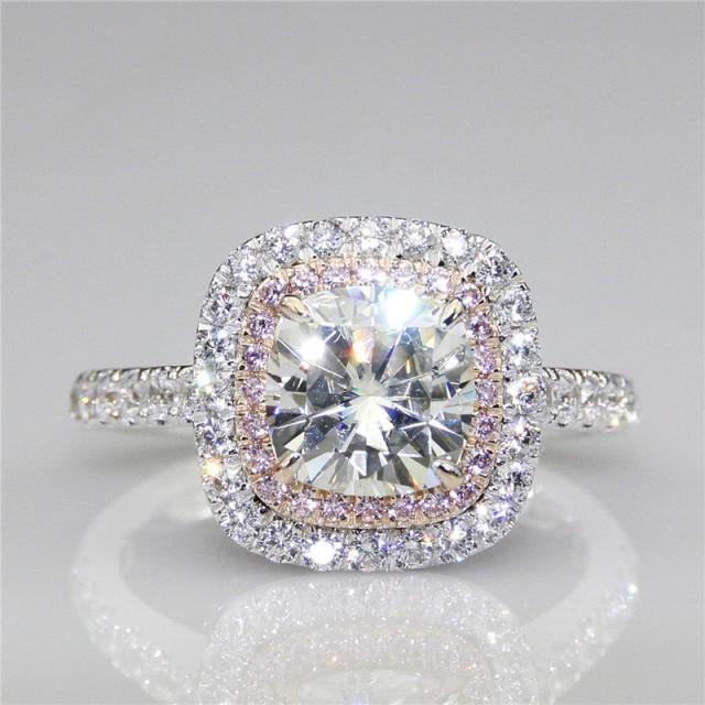 Cushion Cut 2ct Esdomera Moissanites Double Halo Pink Pave Set Accents 14k White Gold Engagement Ring (CFR0467-ESMS2CT)