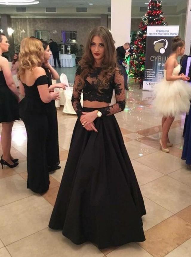 wedding photo - Two Piece A-line Floor-Length Lace Long Sleeves Black Prom Dress