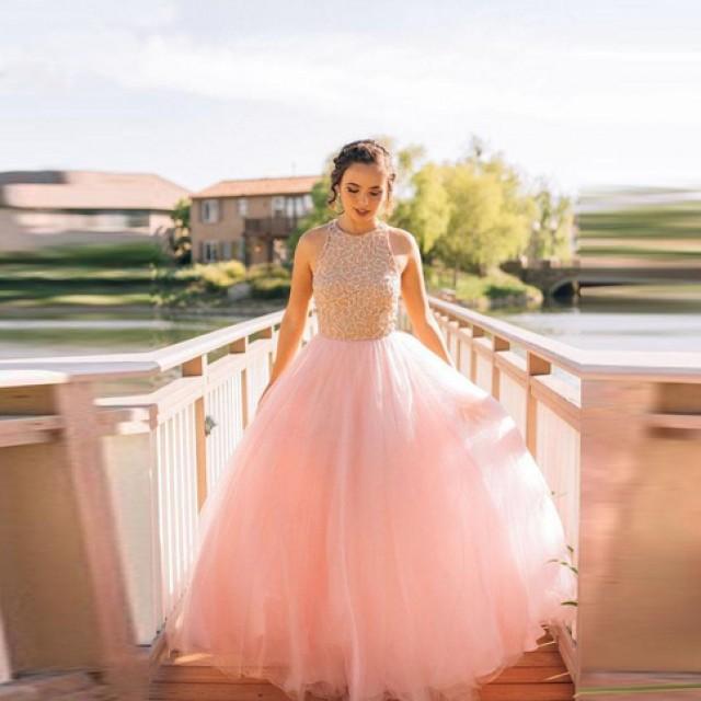 wedding photo - Dramatic Round Neck Sleeveless Floor-Length Pink Prom Dress with Beading from Tidetell