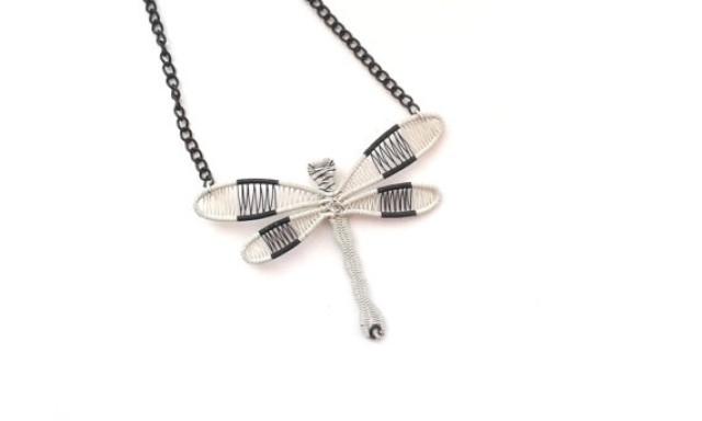 wedding photo - Wire Wrapped White And Black Dragonfly Necklace, One Of A Kind Unique Gift Idea For Nature Lovers Mother Sister Birthday, Handmade Gift