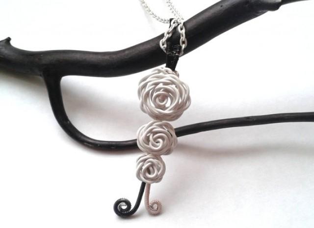 wedding photo - Roses Necklace, Wire Wrapped White Roses Pendant, Handmade Nature Inspired Jewelry, Wire Wrapped Jewellery, Wire Flower Necklace, OOAK