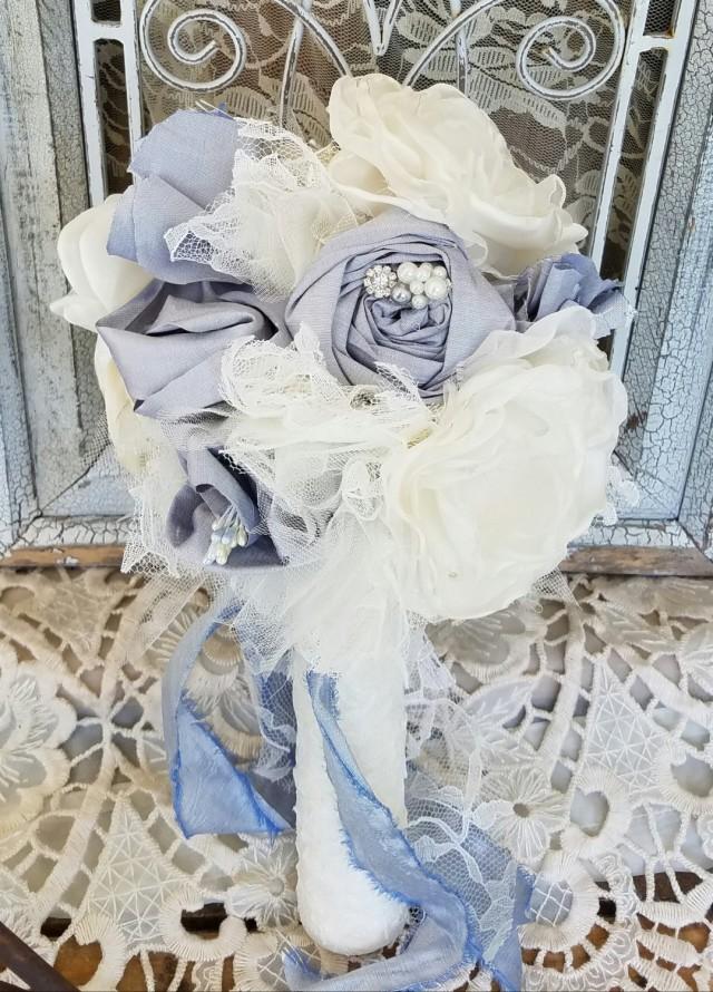 Dusty Blue Bridal bouquet , alternative bouquet, wedding flowers, brooch bouquet, Silk Flowers, Ready to ship bouquet,