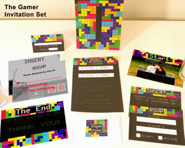 The Gamer Video Game Themed Customized Wedding Invitation Suite; Nerdy Fun for Offbeat Weddings; 8-Bit Nintendo, Tetris Inspired; Printable