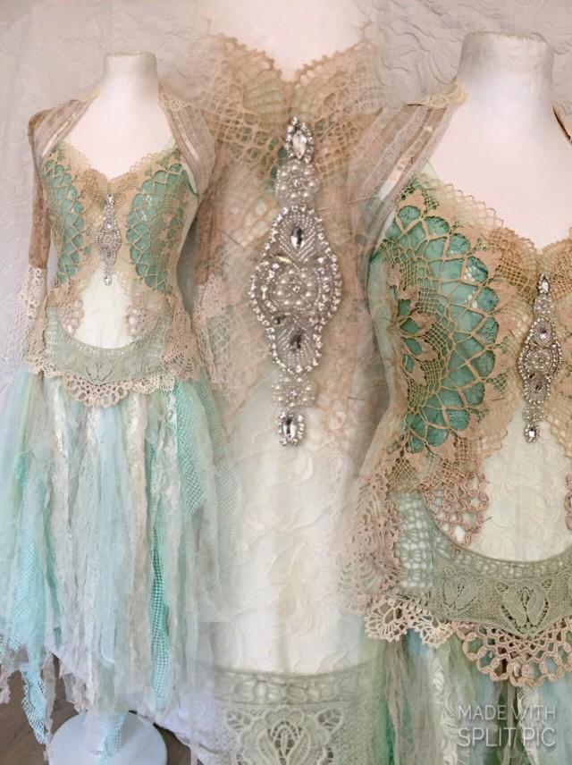 Boho wedding dress aqua colors, bridal dress for mermaids , Wedding dress turqoise fairy, mermaid wedding dress, rawrags