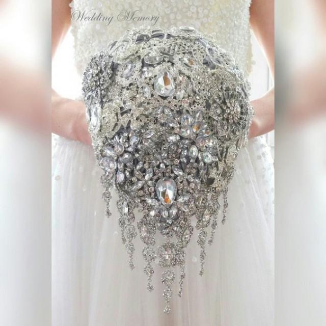 BROOCH BOUQUET in teardrop cascading waterfall bridal style. Jeweled with silver crystals and brooches