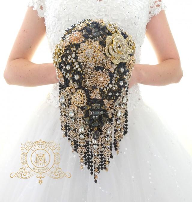 Ready to ship 6&quot; Rose gold and black BROOCH BOUQUET in waterfall cascading teardrop gold  Great Gatsby style, jeweled with rose design