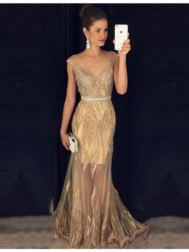 wedding photo - Stunning Illusion Jewel Cap Sleeves Gold Sheath Prom Dress with Beading Gold, from for $499.99 only in Main Website.